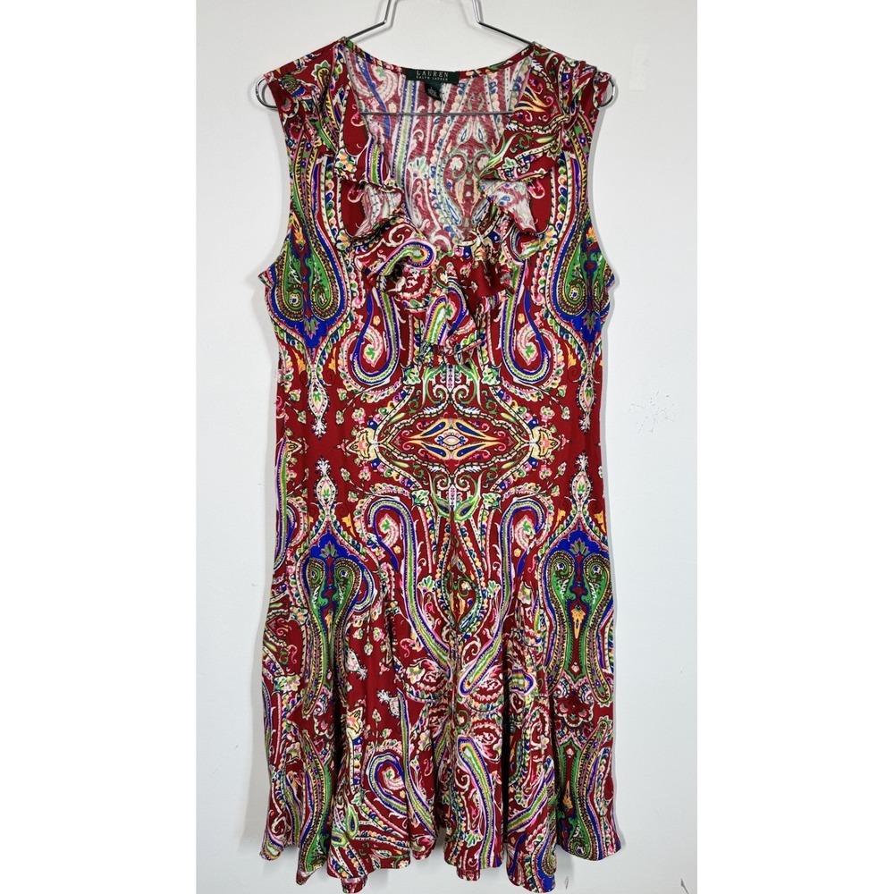 Lauren Ralph Lauren Red Paisley Ruffle V-Neck Fit And Flare Midi Dress Women's L
